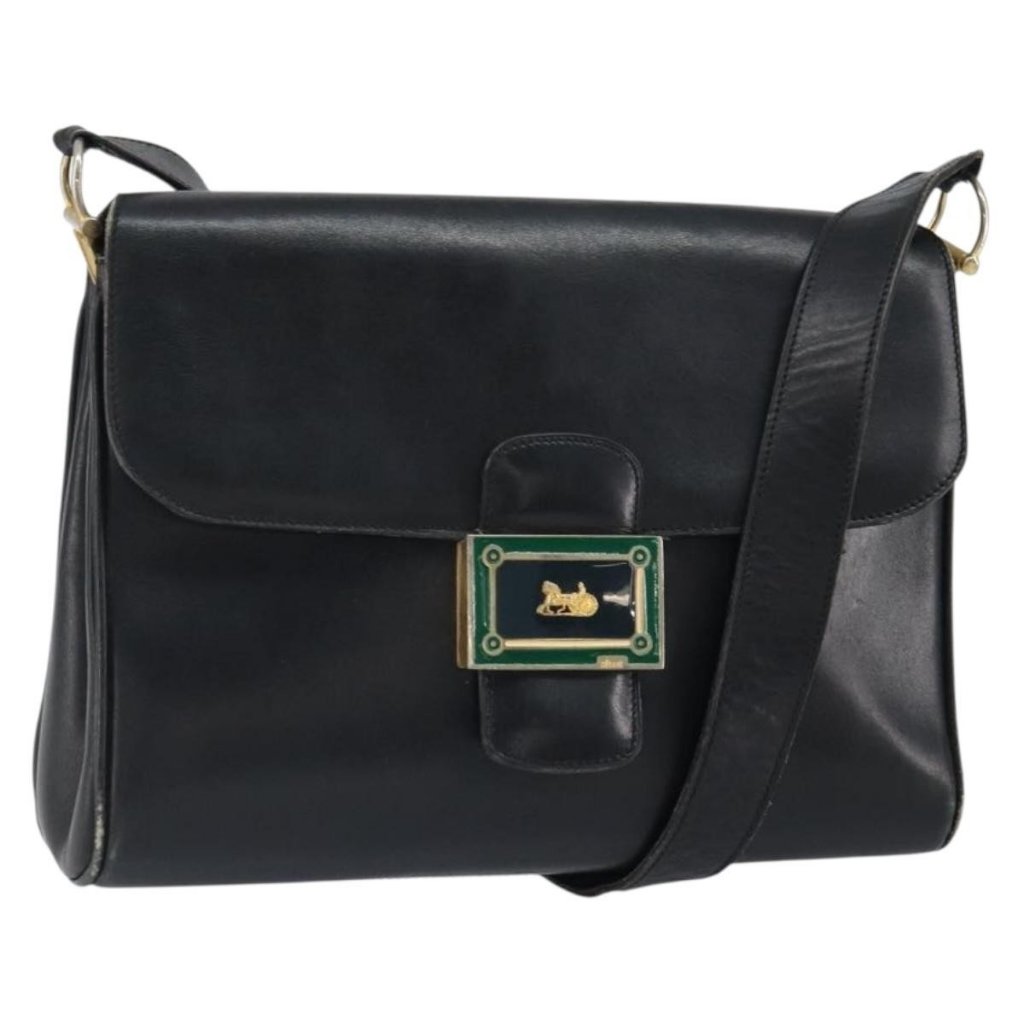 Authentic Celine Horse Carriage Shoulder Bag Leather Black Gold